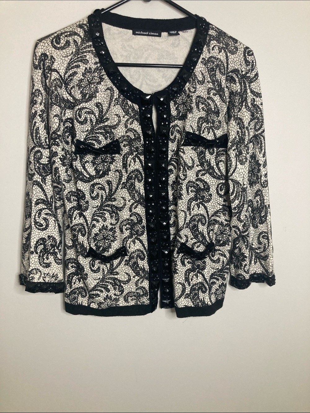 Michael Simon Black and White Embellished Cardigan Silk Cashmere